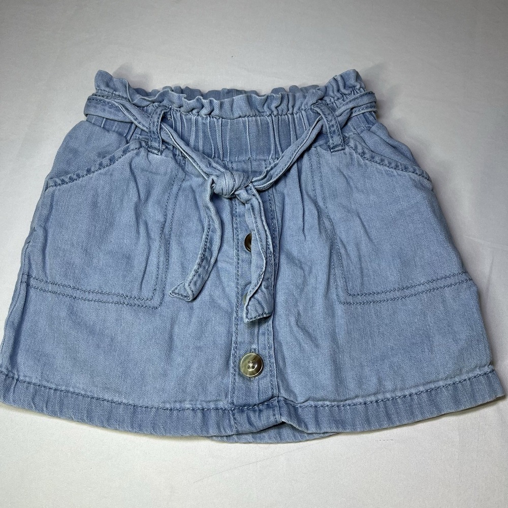 OshKosh B'gosh Girls Size 4 Denim Skirt Paperbag Waist Tie Belt Button Front